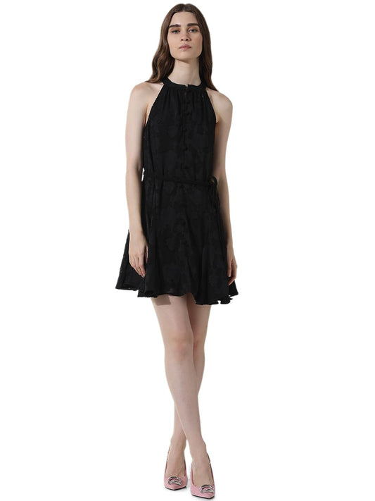 ONLY Women Self Design Polyester Above Knee Black A-line Dress