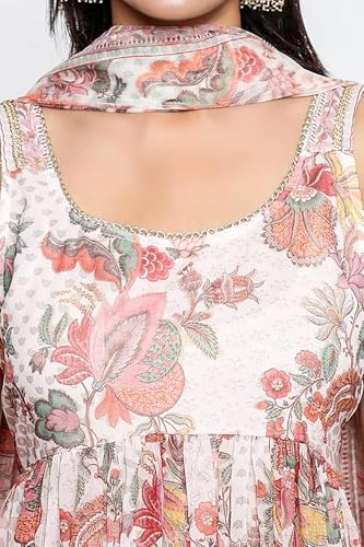 W for Woman Floral Printed Chiffon Flared Kurta with Palazzo and Dupatta Set - Off-White (WS13084-126491-XS)