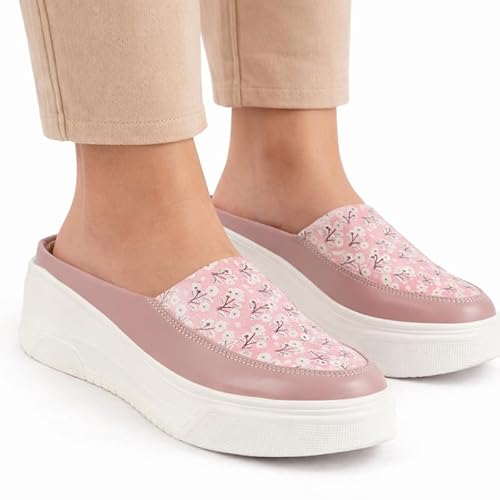 FAUSTO FST FJDWC-7020 PEACH-38 Women's Peach Stiched Floral Print Back Open Height Enhancer Flatform Heel Slip On Casual Shoes (5 UK)
