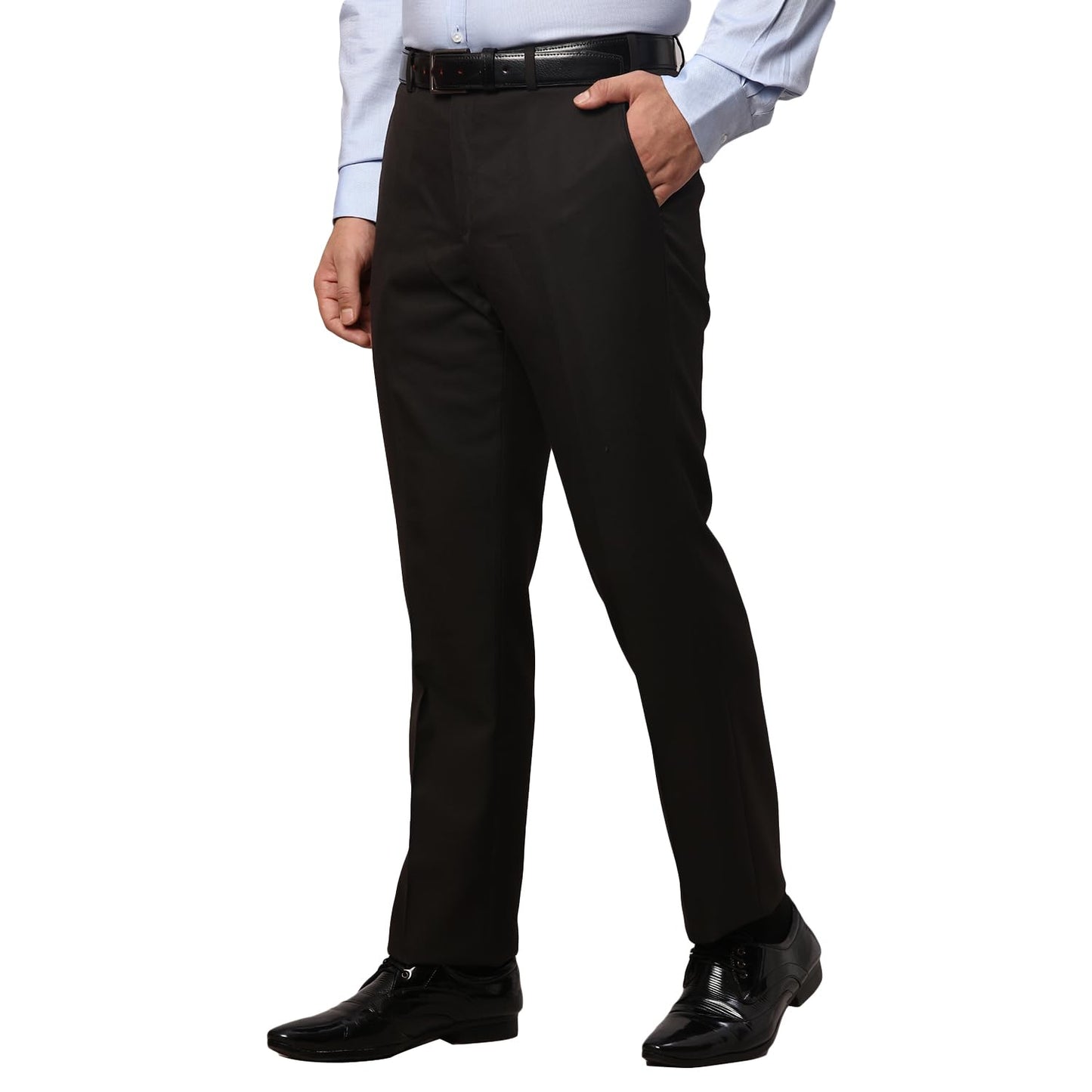 Park Avenue Men's Smart Fit Polyester Viscose Blend Solid Pattern Dark Brown Flat Front Formal Trouser