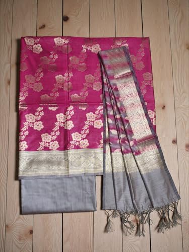 Ivikta Banarasi Silk Unstitched Salwar Suit Set with Dupatta for Women | Rajasthani Silk Dress Material (Dark Pink)