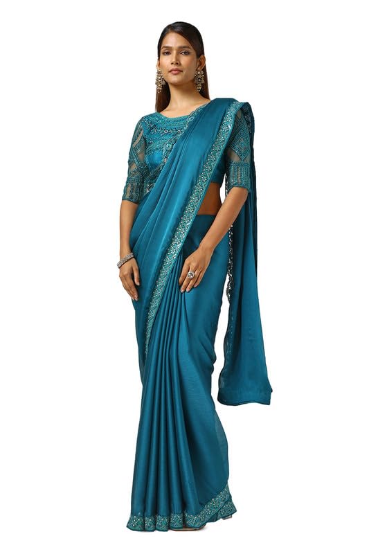 Soch Womens Teal Chiffon Embroidered Saree With Sequins