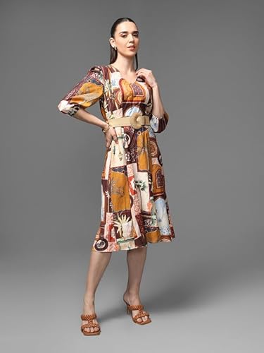 Kazo Souks Midi Dress with Belt (Brown_L)