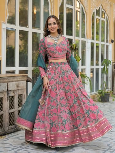 Divena Green Printed Cotton Lehenga with Choli and Dupatta