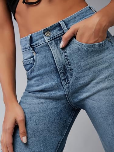 Dolce Crudo Women's Wide-Leg High Rise Regular Length Stretchable Shaping Denim Jeans (DOSS24DEN12-92-471-28, Cloud Blue, 28)