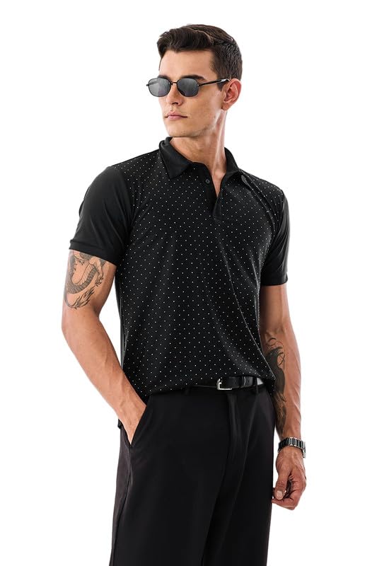 SNITCH Men's Polo T-Shirt | Polka Dot Pattern & Buttoned Closure | Nylon Blend Fabric with Stretchable & Breathable Features | Casual Wear & Regular Fit | Black