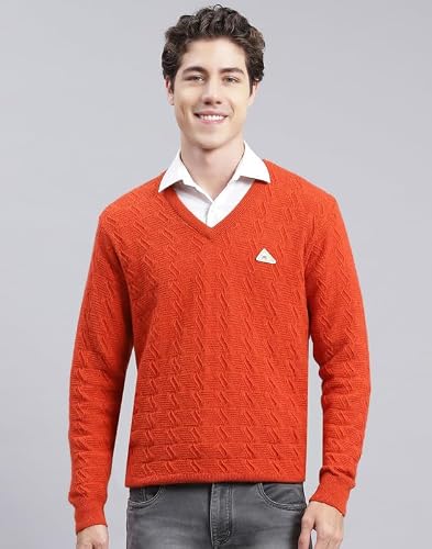Monte Carlo Orange Mix Self Design V Neck Pullover