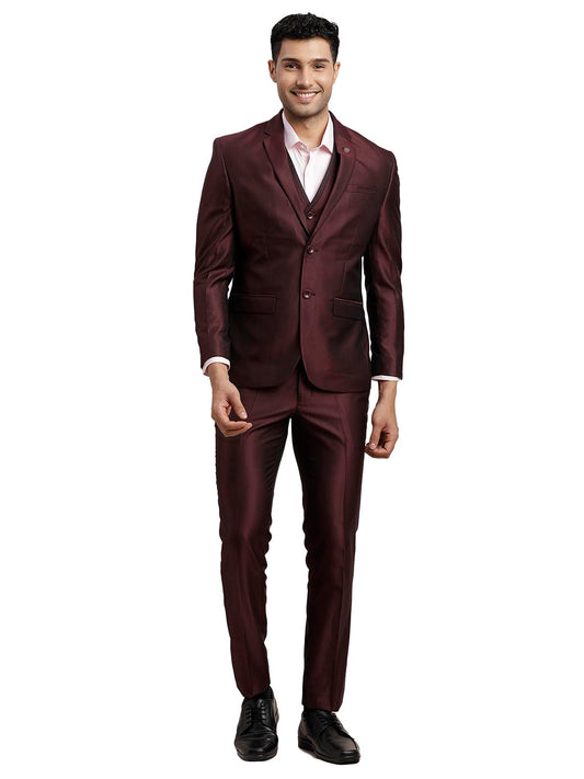 Turtle Men Poly-Viscose Dobby Print Full Sleeve Three Piece Brown Party Suit