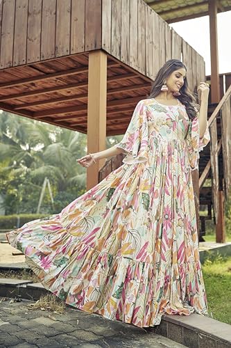 Samprag Rayon Gown for Women | Full Length | Printed | Fit & Flare | Flared & Bell Sleeves | Round Neck | Ethenic Dress | Ideal for Casual, Wedding & Party | Off-White & Sky Blue | S