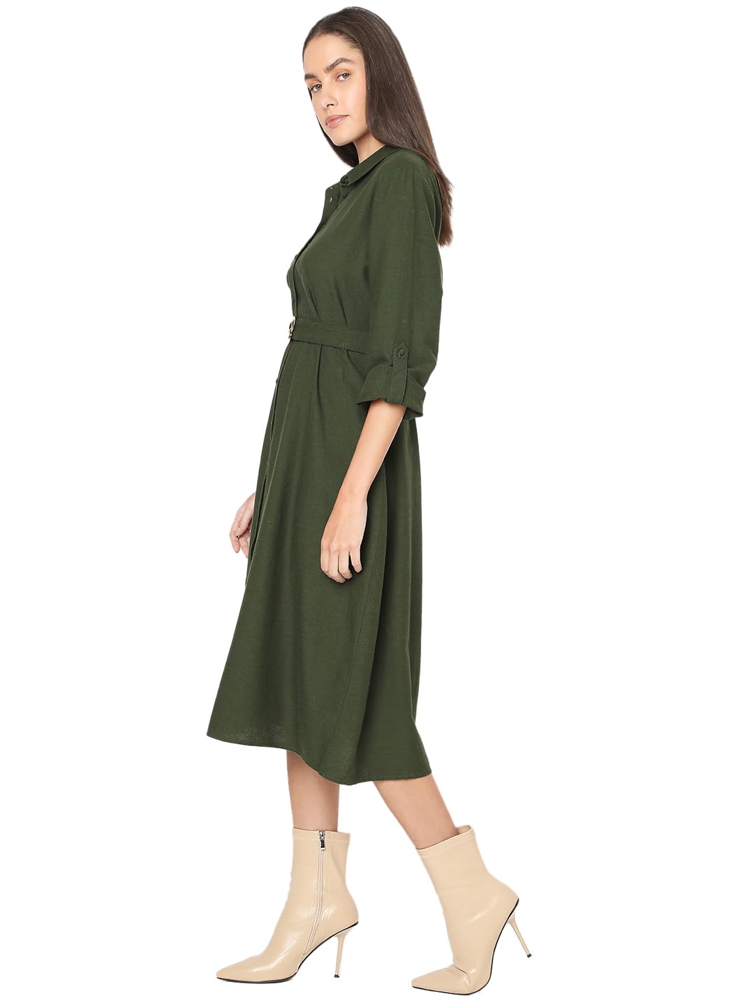 VERO MODA Women's Viscose Shirt Midi Dress (9008974-Olive Branch_Olive