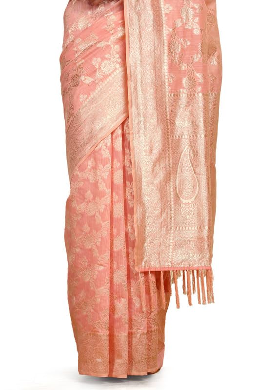 Soch Womens Peach Floral Woven Design Jacquard Weave Tussar Saree