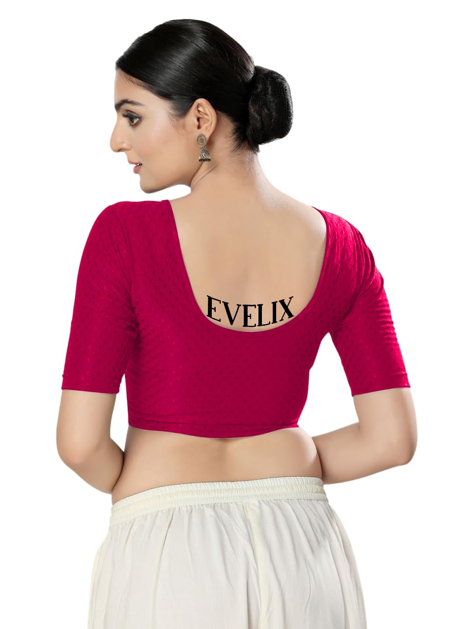 EVELIX Women's Readymade Dobby Cotton Lycra Stretchable Round Scoop Neck Half Sleeve Fancy Blouse for Women Designer Blouses for Saree, Choli, and Lehenga (34, Magenta Pink)