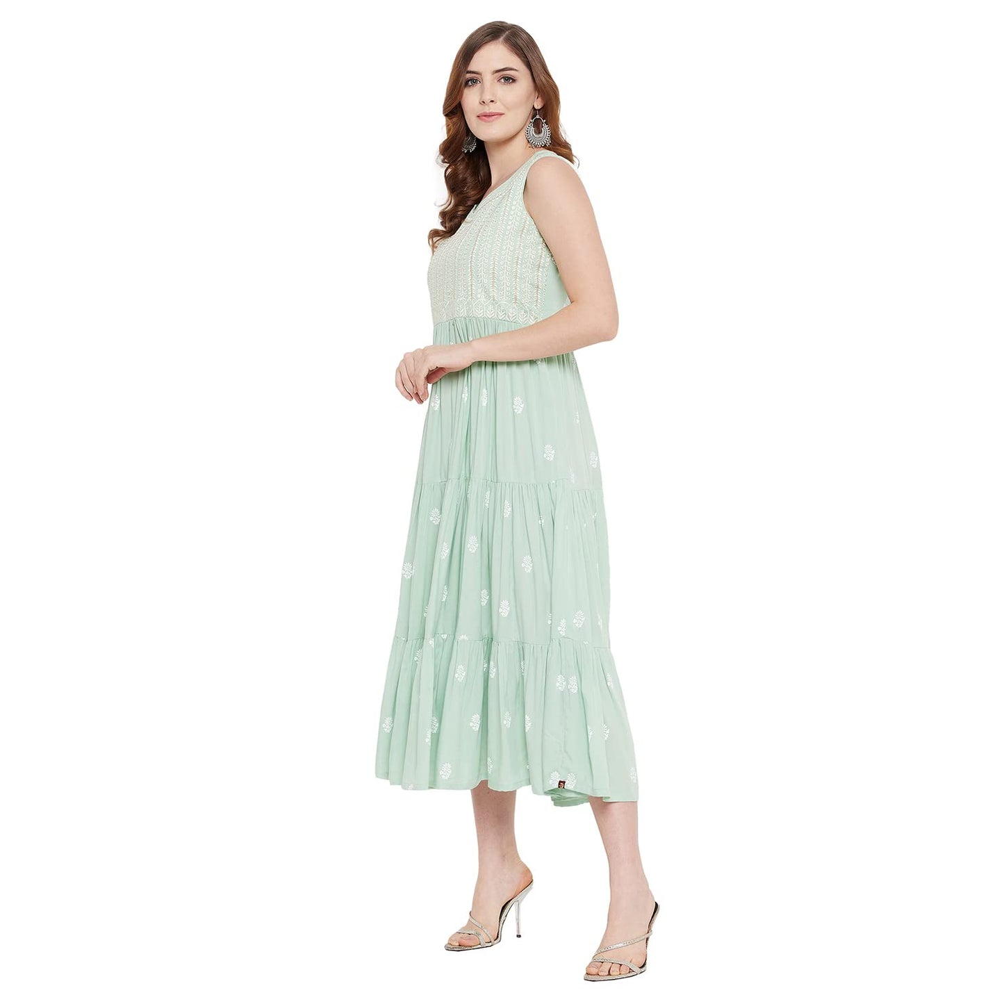 Rangavali Stylish Sea Green Festive Tiered Anarkali Dress for Women | Western A-Line Maxi Sleeveless Long Gown for Womens | Fusion Dresses for Ladies | 1 Pcs Dress | L, 36