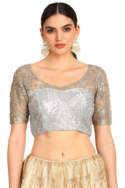 Soch Womens Silver Zari Embroidery Net Padded Blouse with Sequins