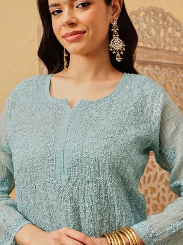 Ada Hand Embroidered Lucknowi Chikankari Kota Top Tunic Kurti with Slip for Women & Girls A911180 Green (XL)