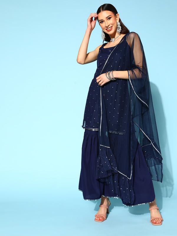 Ahalyaa Women's Polyester Kurta Set (AHKUDUSH-COMBO-469-FF-SS-25_Navy Blue