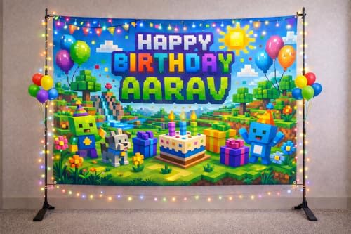 Custom Pixel Theme Birthday Banner for Kids | Personalised Name Backdrop | Colorful Block Style Party Decoration | Premium Star Flex Print
