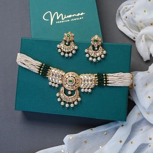 Mivanaa Timeless Royalty Green Emerald Polki Kundan Jewellery Set for Women | Traditional Bridal Necklace Set with Earrings & Maang Tikka | Indian Wedding Ethnic Jewellery Set