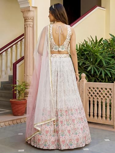 Zeel Clothing Women's Floral Printed Georgette New Lehenga Choli with Dupatta (5081-White-Women-New-Lehenga-Choli; Free Size)