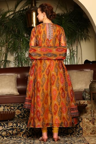 W for Woman Mustard Yellow Ikkat Printed Embellished Organza Anarkali Kurta, Churidar and Dupatta Set (Size: S)-24AUWS11507-124574