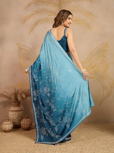 TRENDMALLS Women's Satin Siroski Work Ombre Pattern Dual Shade Saree with Unstitch Blouse Piece (K1243-Morpeach-)