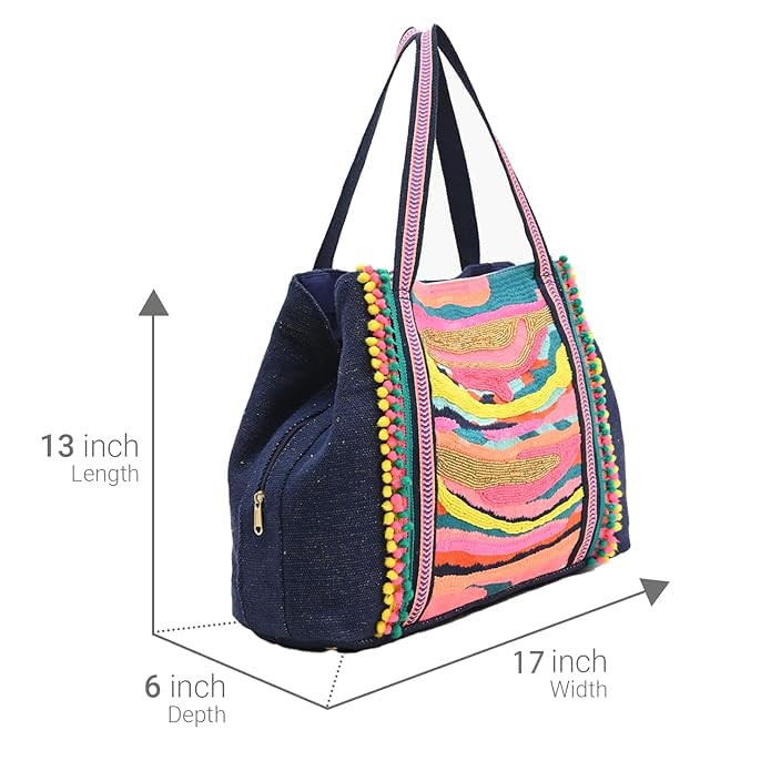Boho Girl Rainbow Waves Embellished Tote | Hand Beaded Navy Blue Jacquard Tote | Handicrafted Bag for Women | Multicolour Bead Embellished Handbag | Birthday Gifts for Sisters | Handbag for Office