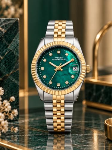French Connection | Green MOP Dial | Dated Display | Gold Two Tone Stainless Steel Bracelet Strap | Quartz Watch for Women - FCND4NTM