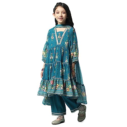 Biba Girls PRINTED TIRED KURTA KID(KW5449_TEAL_7)