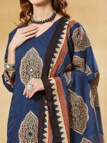 Divena Pink Ajrakh Print Cotton V-Neck Kurta Sets with Dupatta