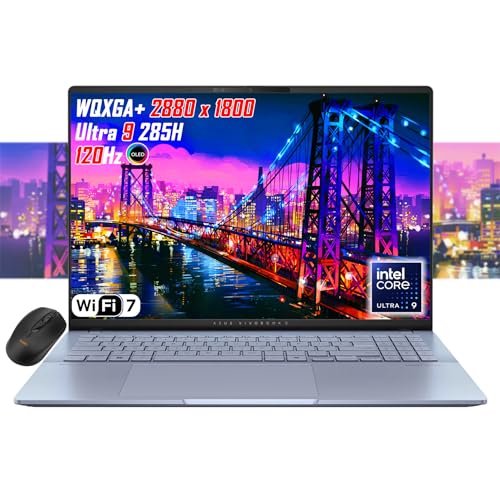 ASUS Vivobook 16" OLED WQXGA+(2880x1800) Slim Laptop, Intel Core Ultra9 285H, Wi-Fi 7, RGB Backlit KB, 2X Thunderbolt 4, FHD Webcam, win11, Wireless Mouse (32GB RAM | 4TB SSD)
