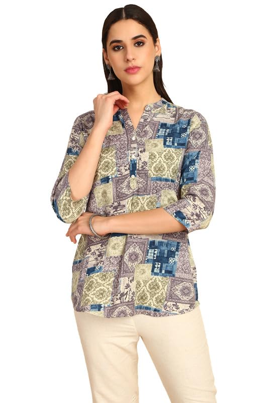 Soch Womens Grey Rayon Ethnic Motifs Foil Printed Tunic