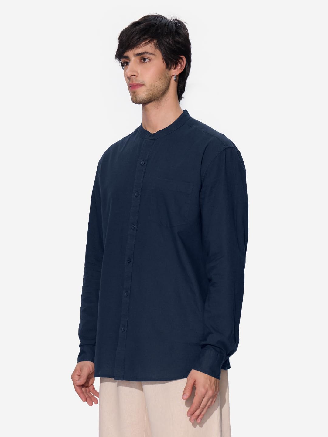 The Souled Store Navy Blue Men and Boys Long Sleeves Mandarian Collared Neck Button Front Regular Fit Cotton Linen Shirts