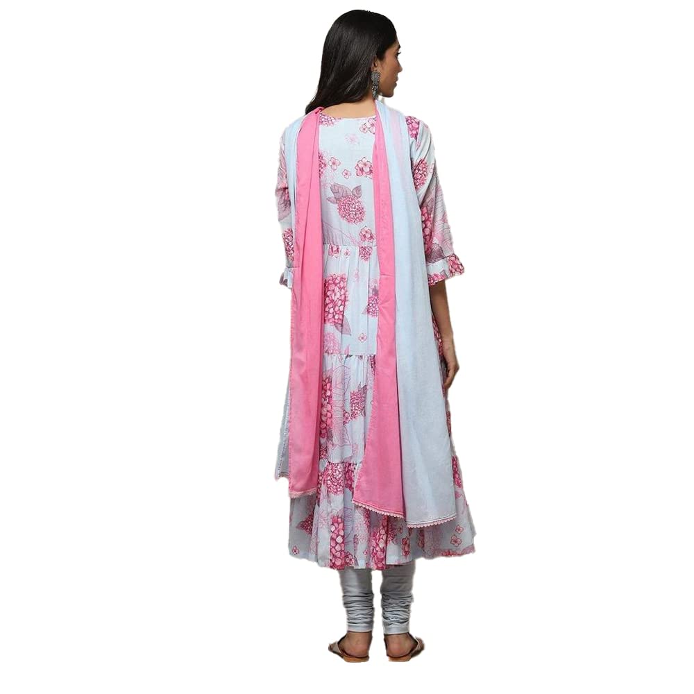 BIBA Women Printed Fitted Voile Salwar Regular Fit Kurta Dupatta(Skdphool Ph8654_Powder Blue_42)