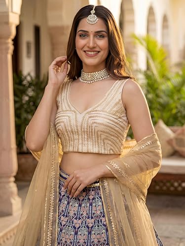 Zeel Clothing Women's Digital Print With Gota Patti Art Silk Lehenga Choli With Dupatta (5053-Blue-Women-Lehenga-Choli-Set; Free Size)