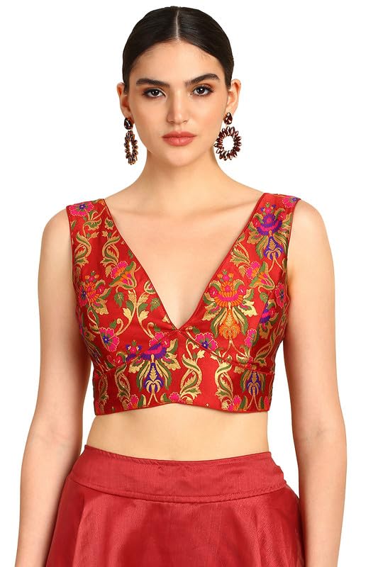 Soch Womens Maroon Floral Plunge Neck Silk Blend Padded Blouse
