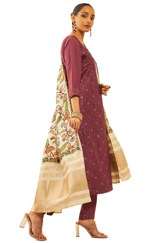 Soch Womens Maroon Silk Blend Embroidered Suit Set with Zardosi Sequinned Work