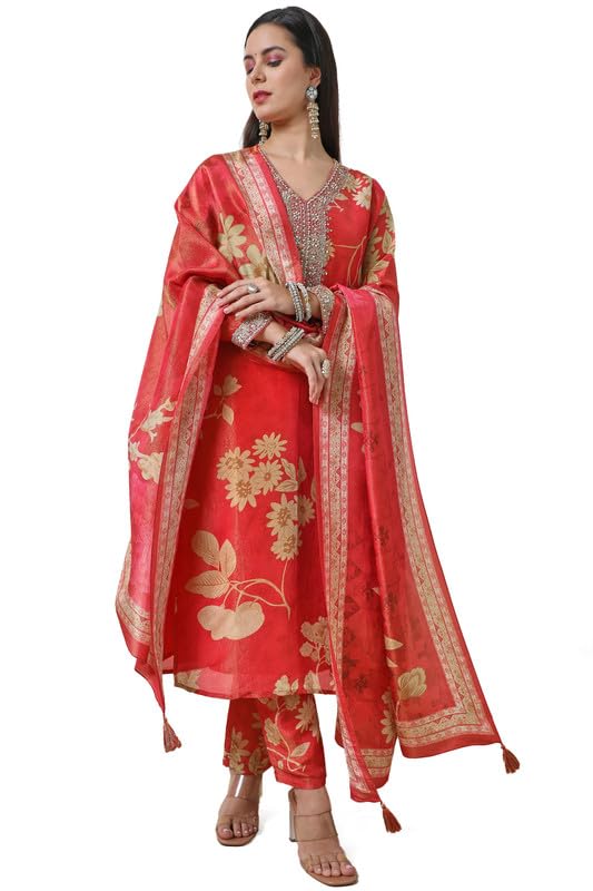 Soch Womens Orange Tissue Floral Print Suit Set with Dupatta