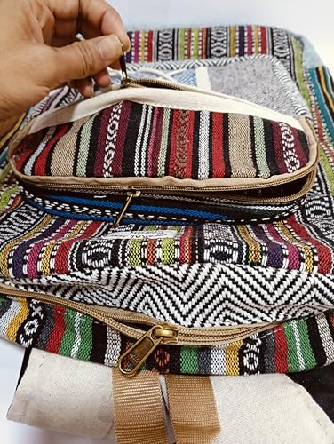 Kedar Kripa Hemp Pitthu Travel Bag Natural Hemp Material, Multicolor Striped Pattern, 3 Pocket Zipper Washable Bag For Man Woman And Boys Girls | Collage Bag Size H15 X L10 X W5 Inches