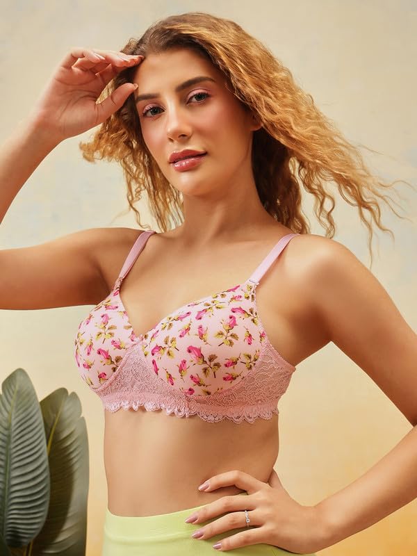 Clovia Women's Padded Non-Wired Full Coverage Floral Print Multiway T-Shirt Bra (BR1806D22_Pink_34D)