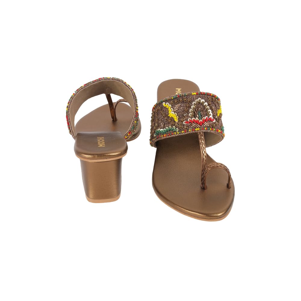Mochi Women Antique Gold Ethnic Embellished Block Heel Sandal UK/5 EU/38 (35-1284)