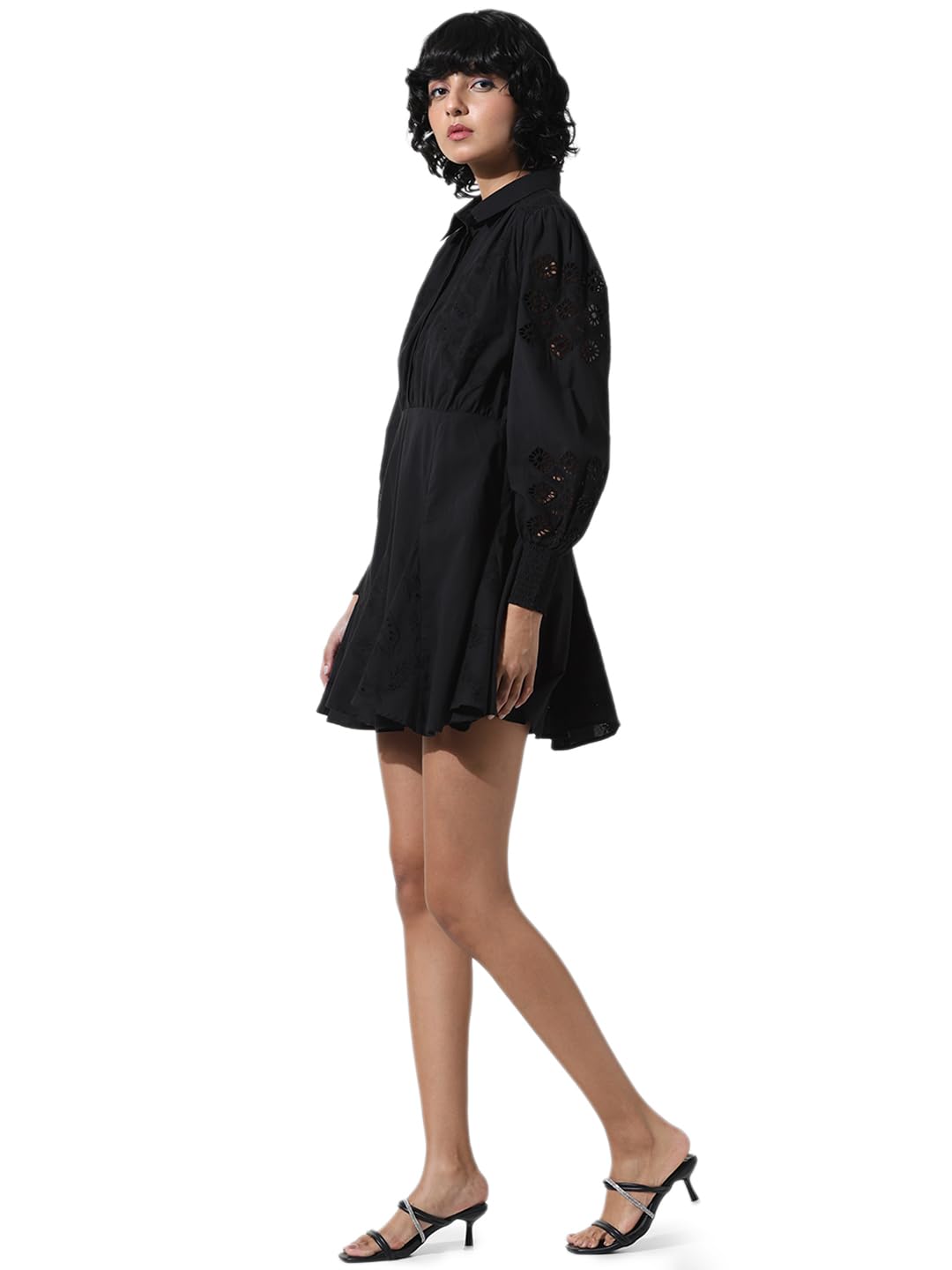 ONLY Women Self Design Black Cotton Mini Length Fit and Flare Dress