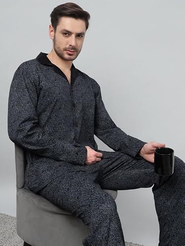 Hancock Men Cotton Printed Night Suit Black Size M