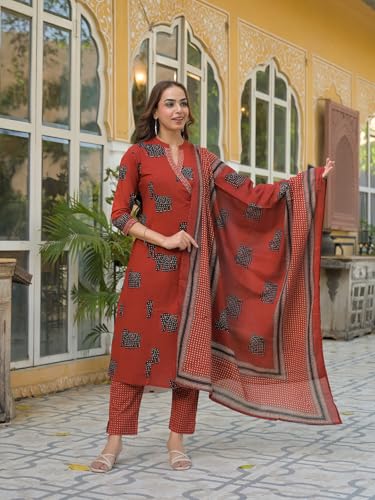 Divena Red Animal Print Cotton A-Line Kurta Pant with Dupatta