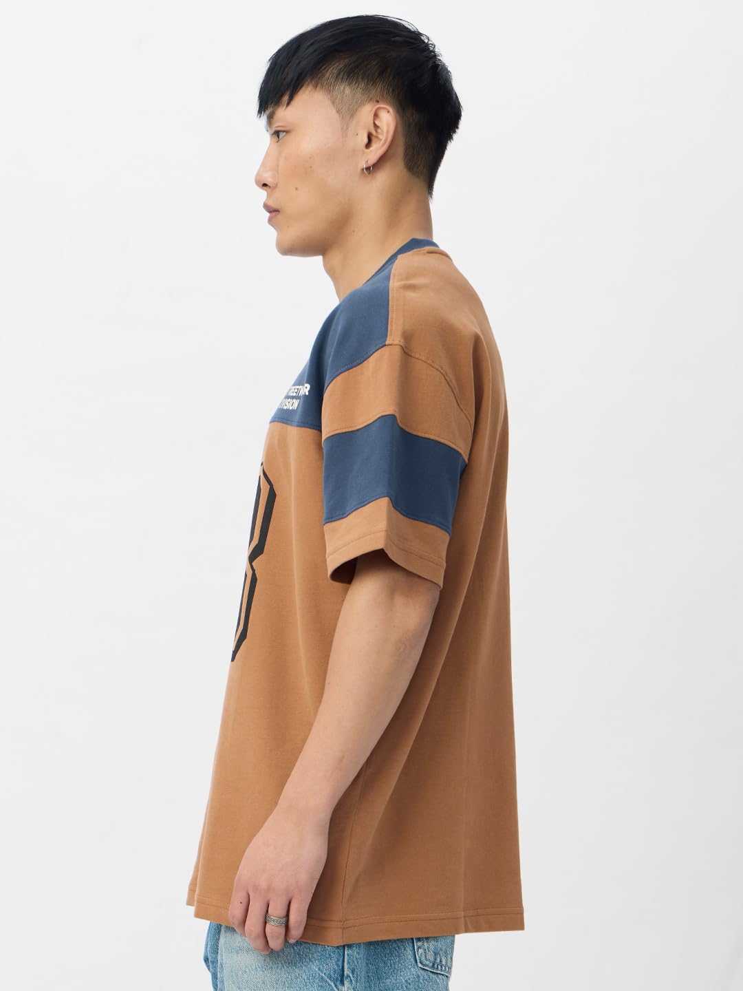 The Souled Store Colourblock: Teal Terrain Men and Boys Short Sleeves V Neck Brown and Blue Cotton Oversized T-Shirts