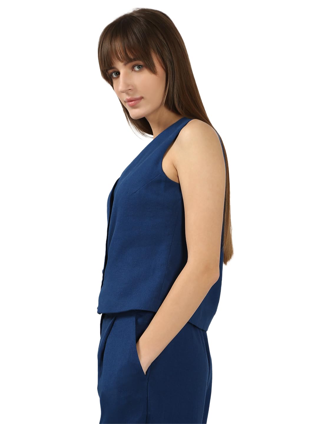 VERO MODA Women's Linen Regular Fit Blue Top