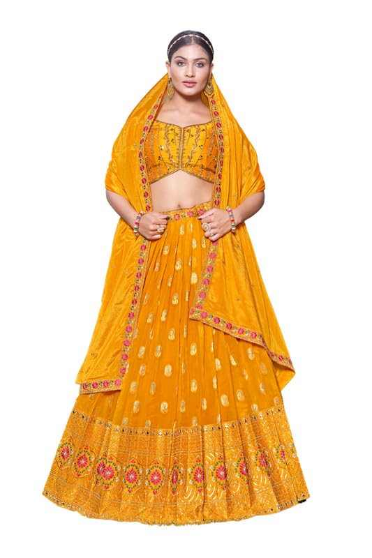 Samprag Silk Lehenga Choli Set for Womens | Sleevless | Sweetheart Neck |Ideal for Wedding & Party Occassions | Yellow | M
