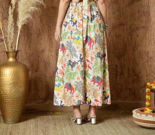 VAGISHA Women’s Flared Printed Long Maxi Skirt | Full Length Ethnic Western Skirts for Women | Soft Flowy Fabric | Elastic Waist | Perfect for Party