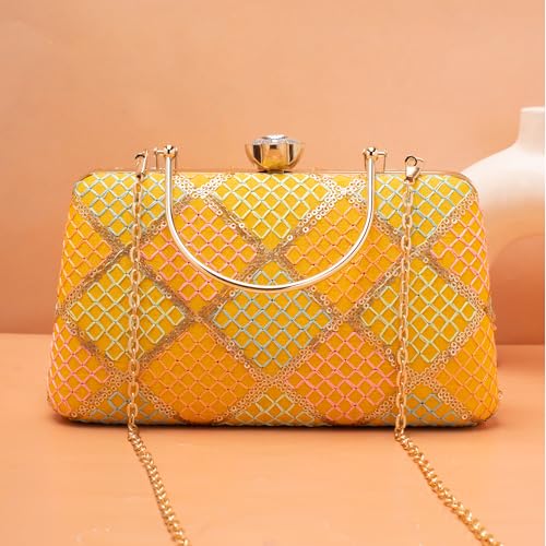 Artklim Yellow Based Multicolored Threadwork Embroidery Clutch Bag for Women