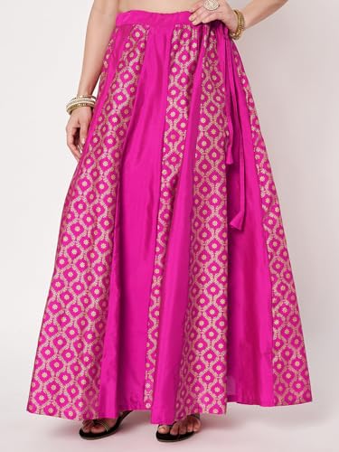 studio rasa Women's Silk Blend Block Printed Kalidaar Skirt for Wedding Festive Party(SKTC62510XL_Pink_X-Large)
