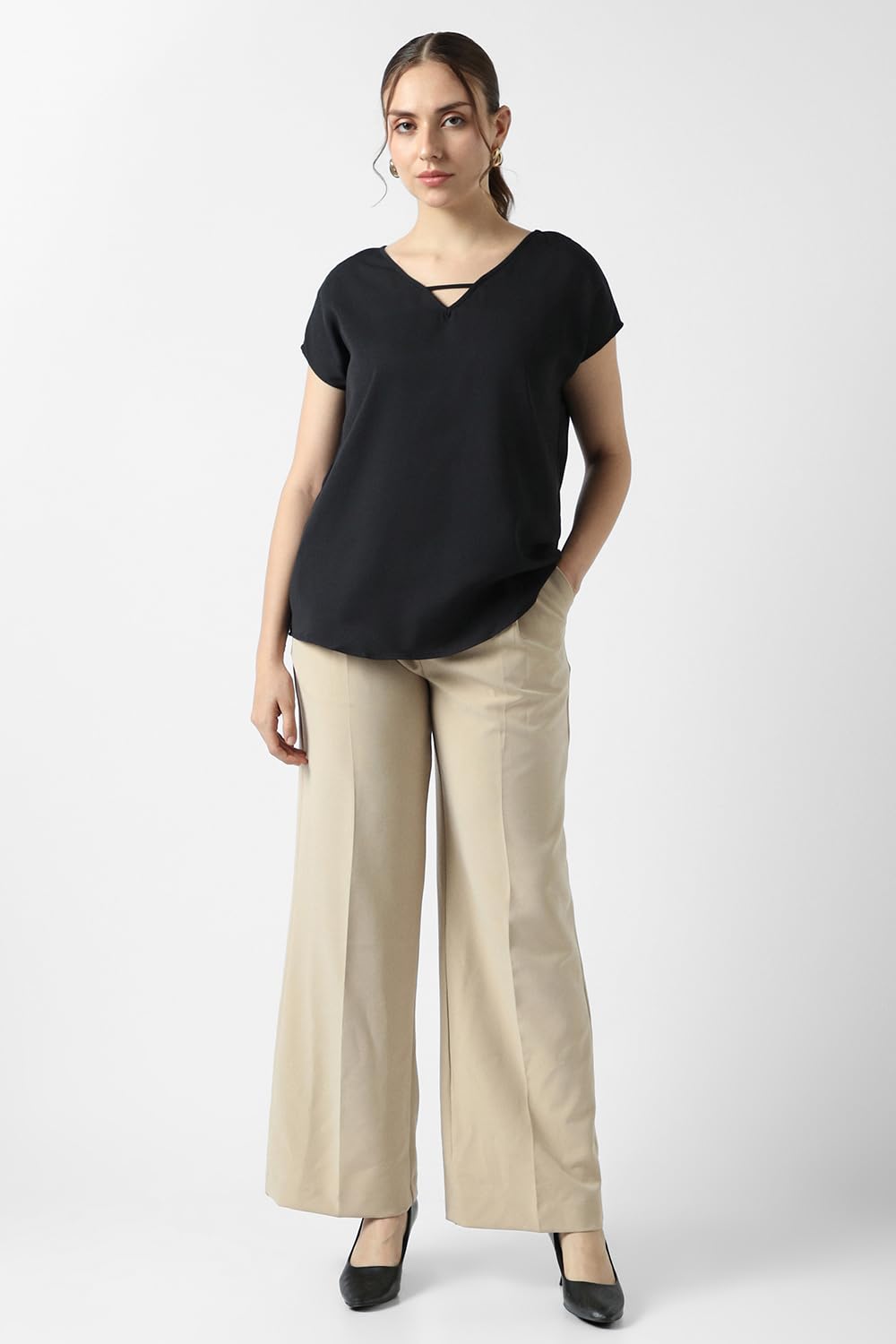 Women Black Solid Formal V Neck Top